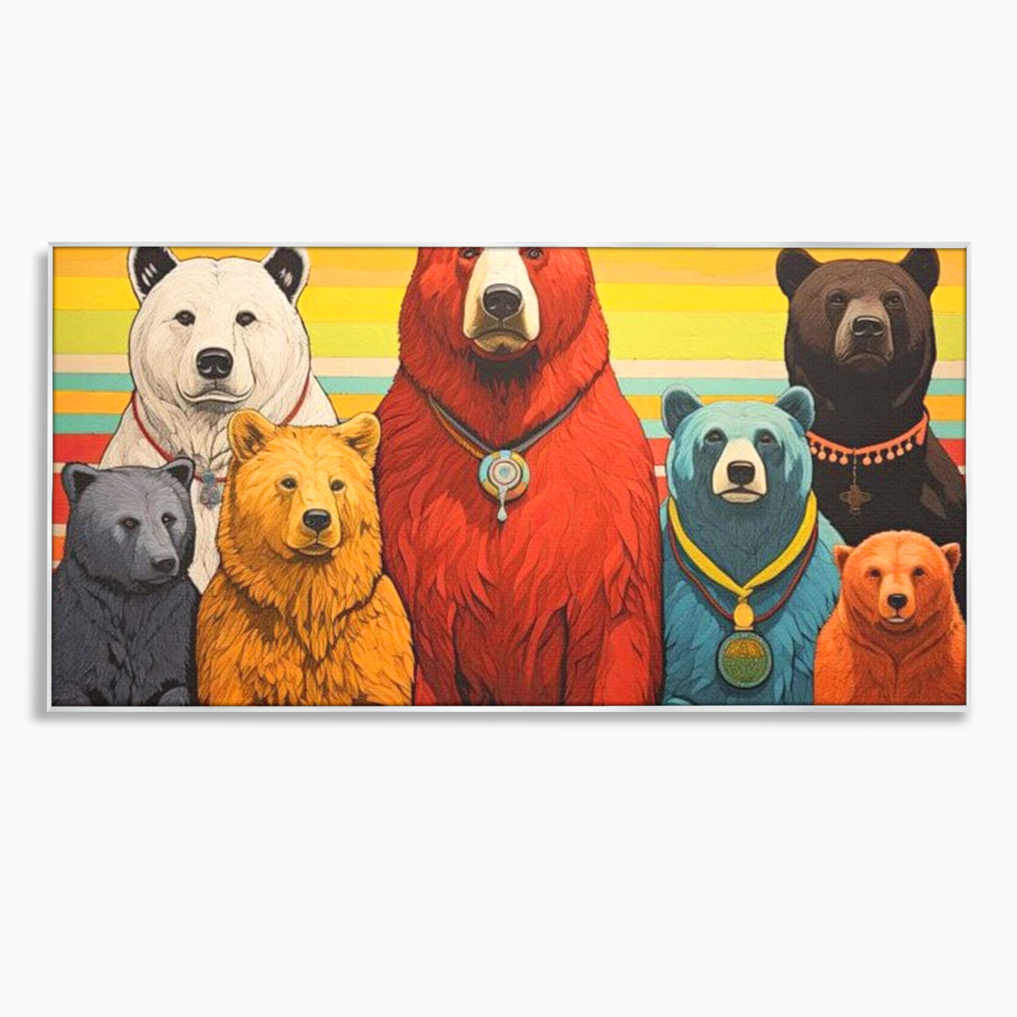 Tablou canvas cu ilustratie digitala cu ursi colorati, in rama de aluminiu argintiu